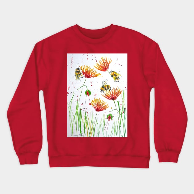 Bumble bees and Red and Yellow Flowers Crewneck Sweatshirt by Casimirasquirkyart